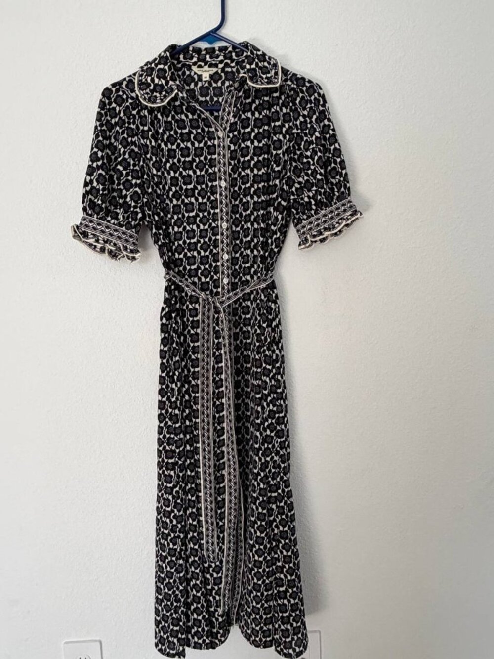 Max Studio London XS Black White Floral Midi Shirt Dress Button Front Belted - Picture 2 of 9